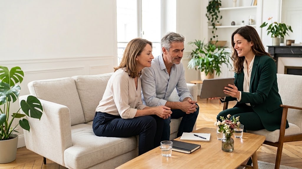 Une conseillère immobilière échange avec un couple